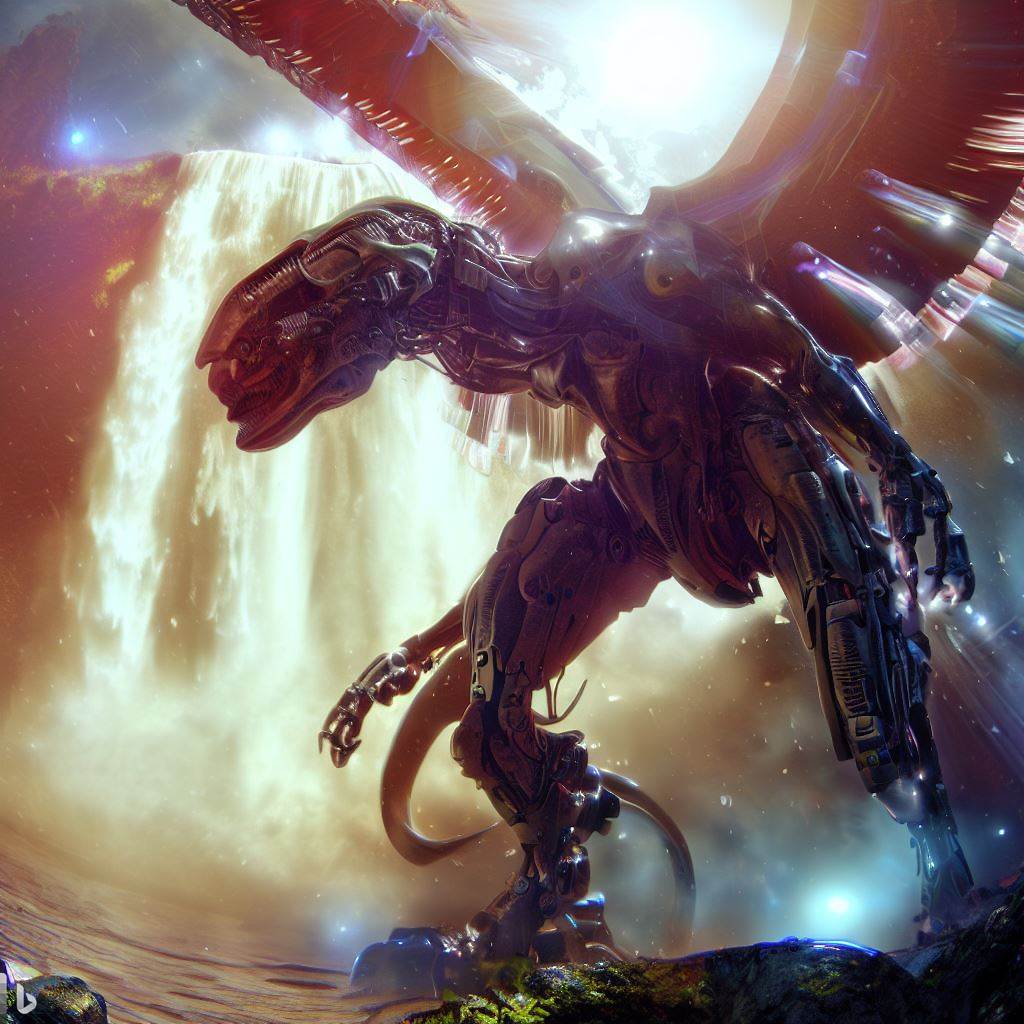 future mech dinosaur with wings in waterfall, wildlife in foreground, nebula, lens flare, fish-eye lens, realistic h.r. giger style 4.jpg